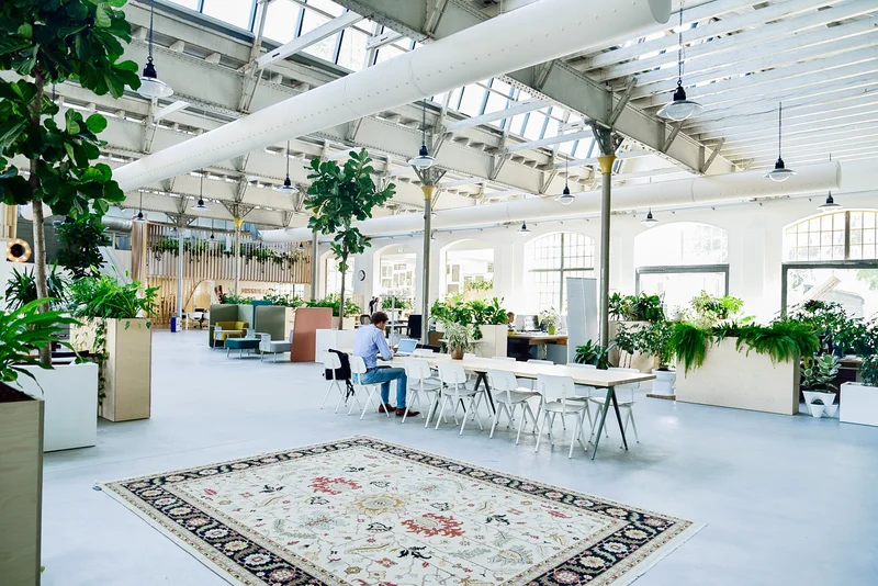 UCo interior workspace with communal table and greenery