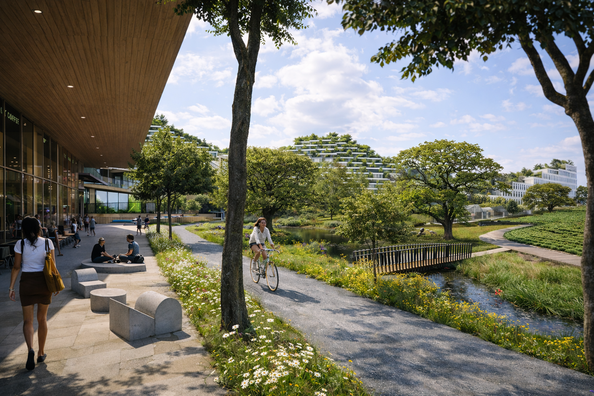 Orchid City artist impression: a quiet street with productive landscape, mixed generations visible at ground level